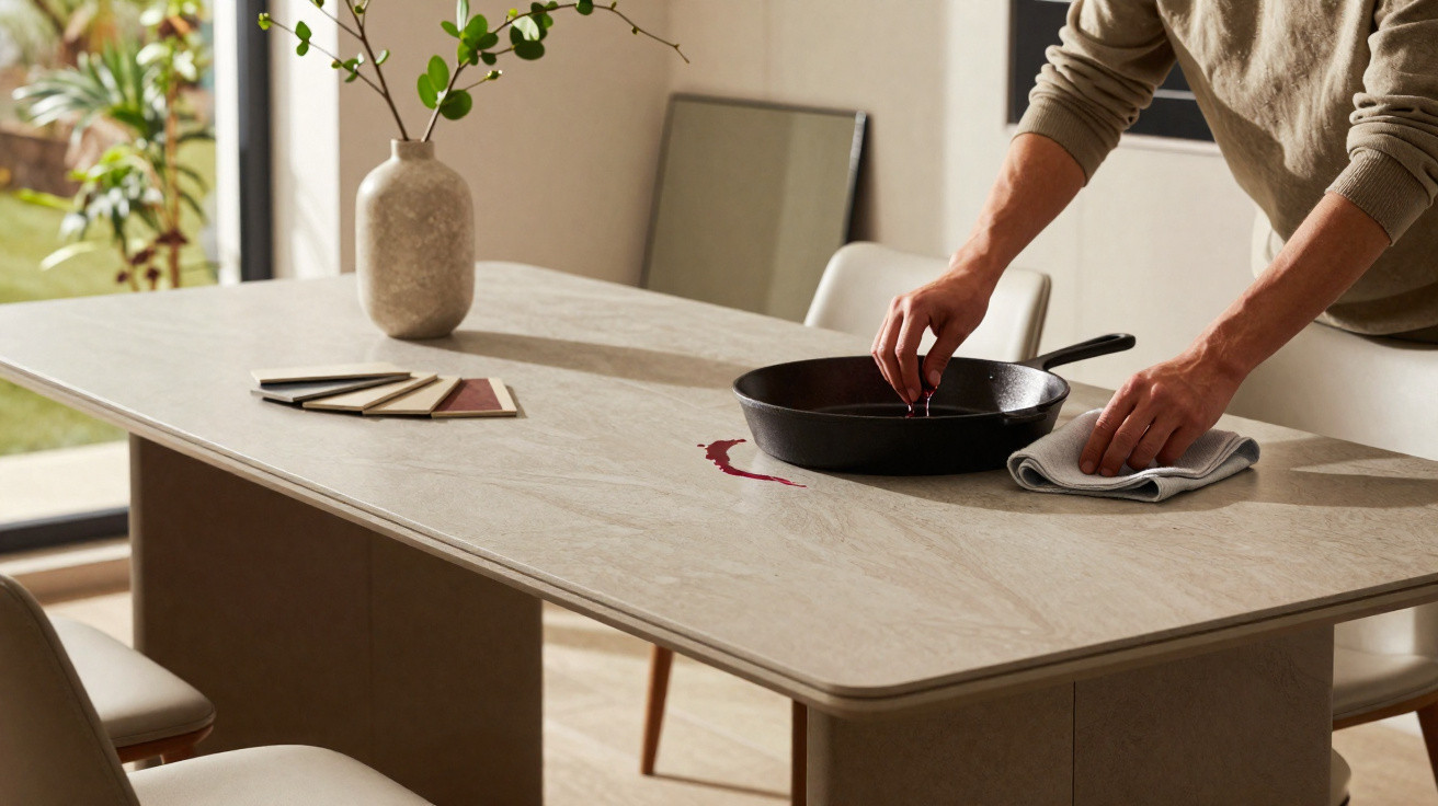 Person cleaning red wine spill from a beige kitchen table with a black frying pan and fabric samples nearby.
