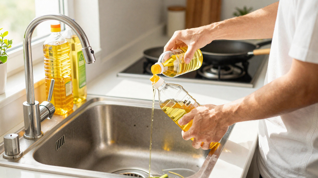 Person pouring cooking oil from one plastic bottle into another over a kitchen sink.