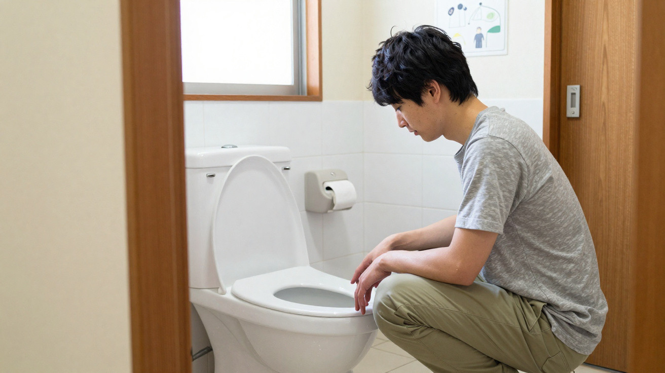 Man in grey t-shirt and khaki trousers kneeling and looking into an open toilet in a bathroom.