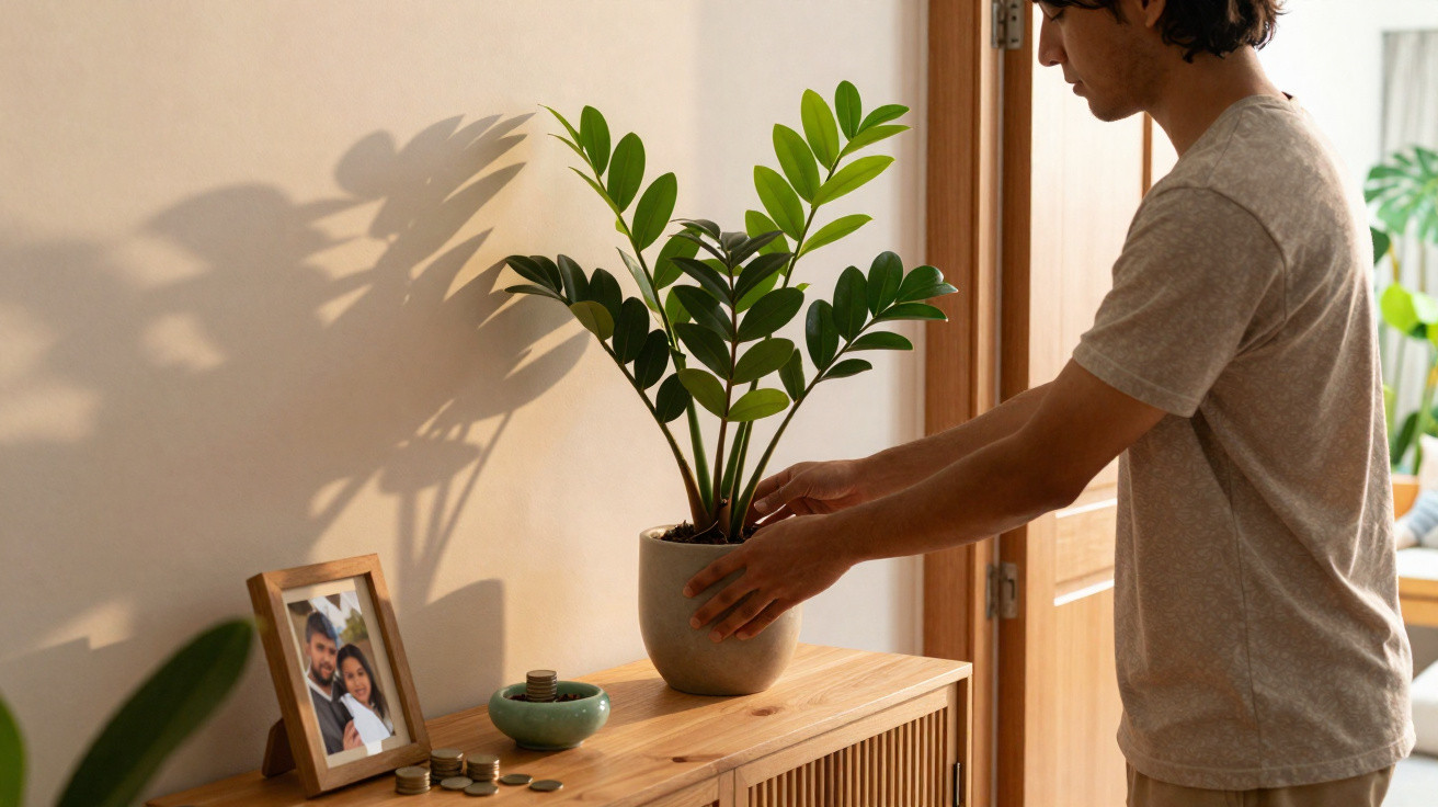 Person placing a green potted plant on a wooden cabinet with a family photo and coins.