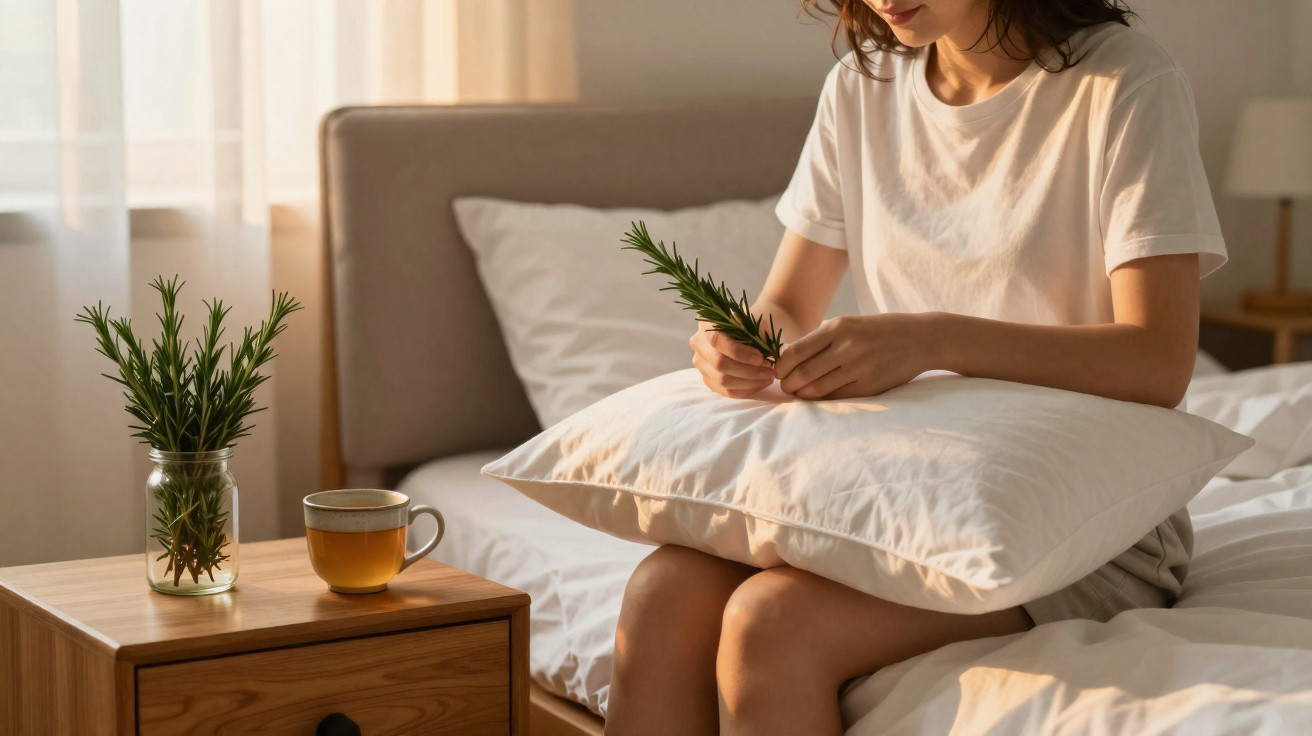 Woman sitting on a bed holding a sprig of rosemary, with a glass jar of rosemary and a cup on a bedside table.