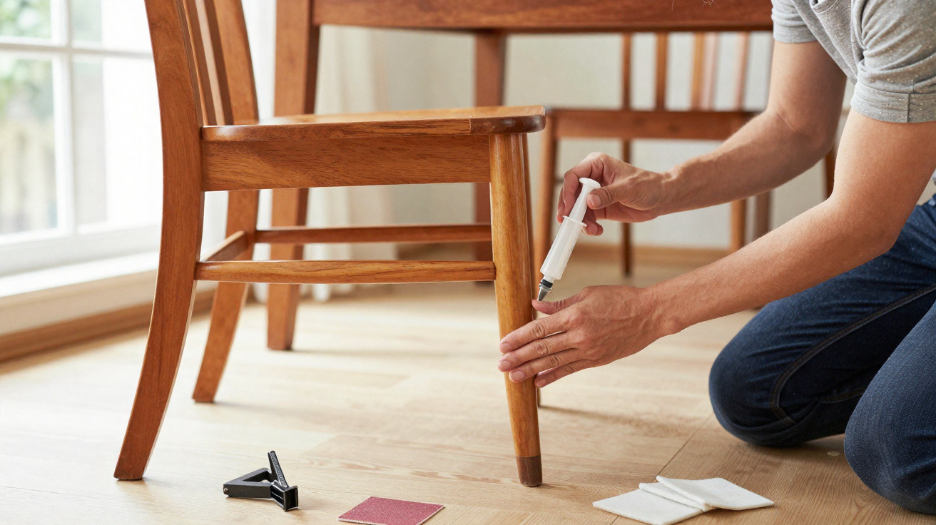 Person applying wood glue to a wooden chair leg for repair on a wooden floor indoors.