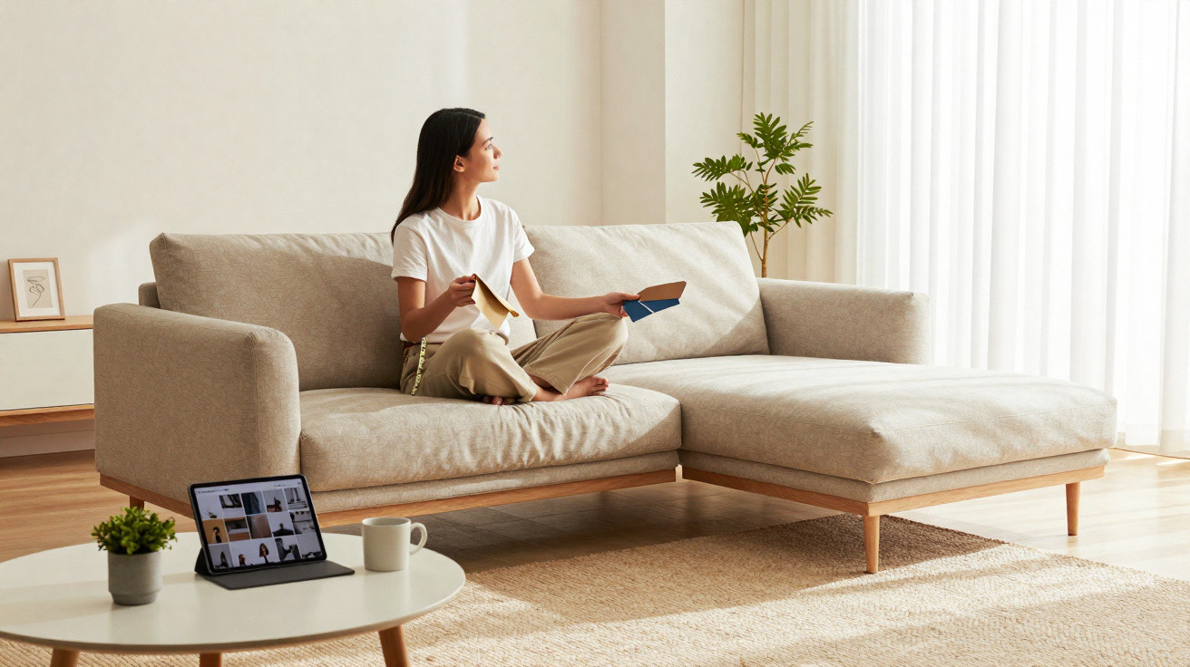Woman sitting cross-legged on a beige sofa holding fabric and colour samples in a bright, minimalist living room.