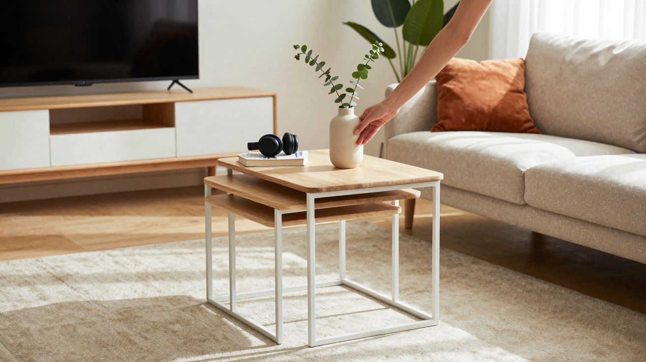 Person placing a beige vase with greenery on a wooden nesting coffee table in a bright living room.