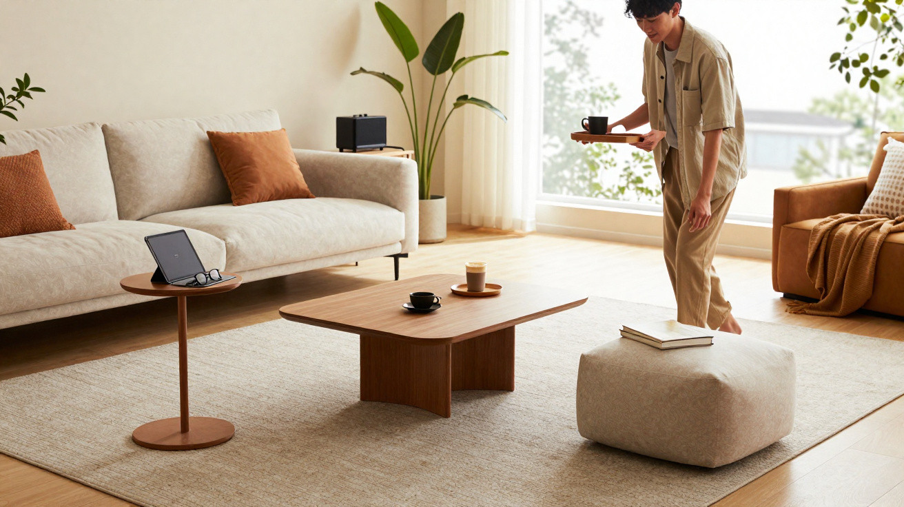 Minimalist living room with beige sofa, coffee tables, a man holding a tray, and natural light from large window.