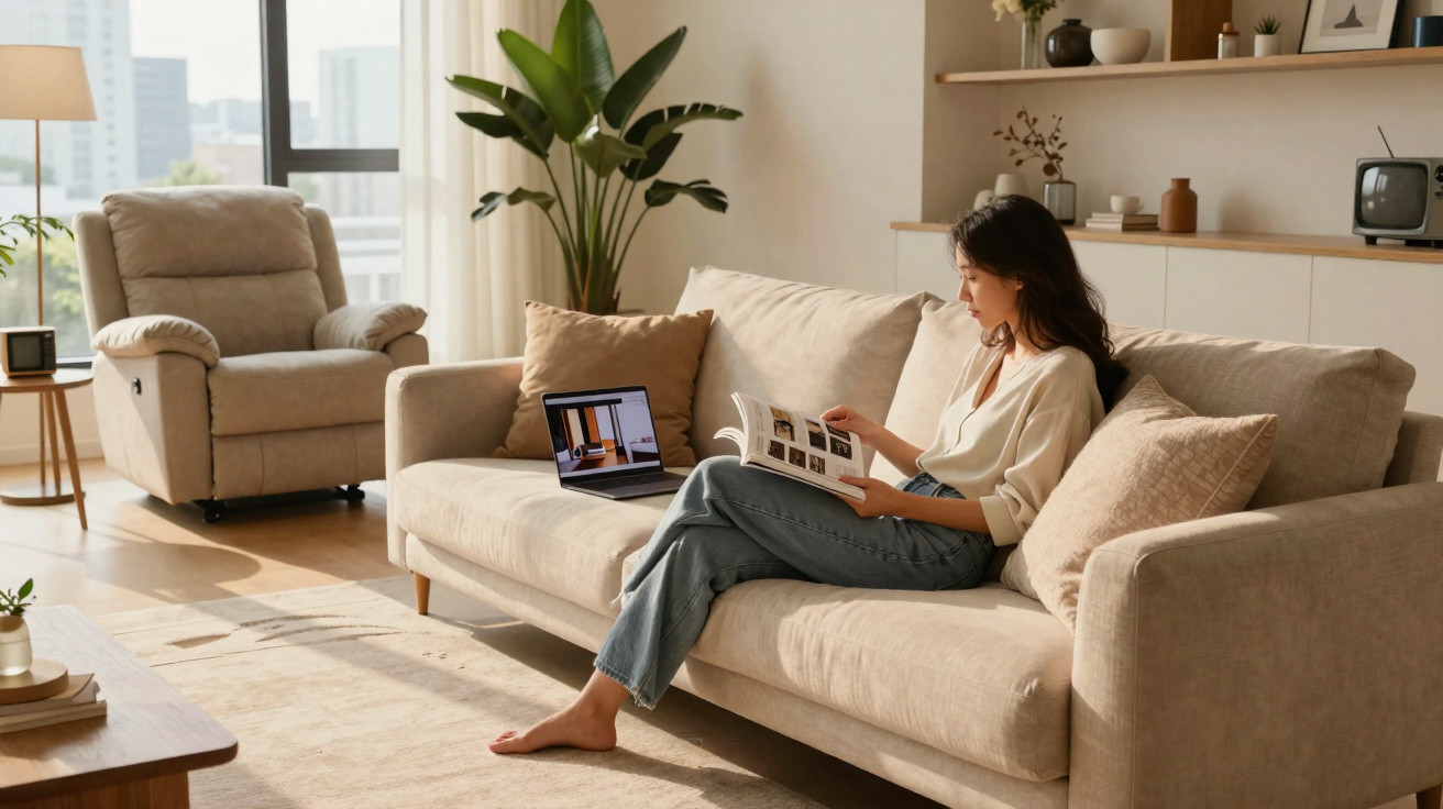 Woman sitting barefoot on beige sofa reading a magazine with a laptop in a sunlit, modern living room.