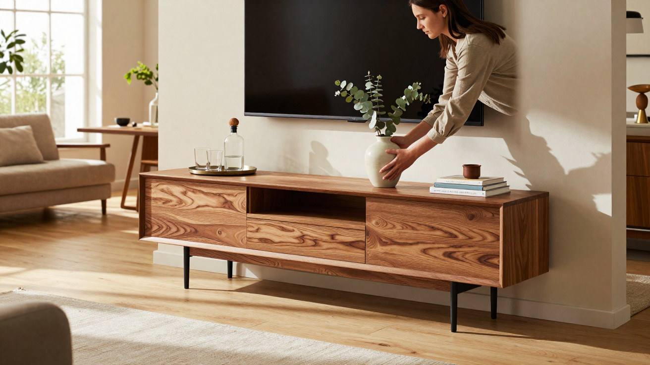 Woman placing a vase with greenery on a wooden TV stand in a bright, modern living room.
