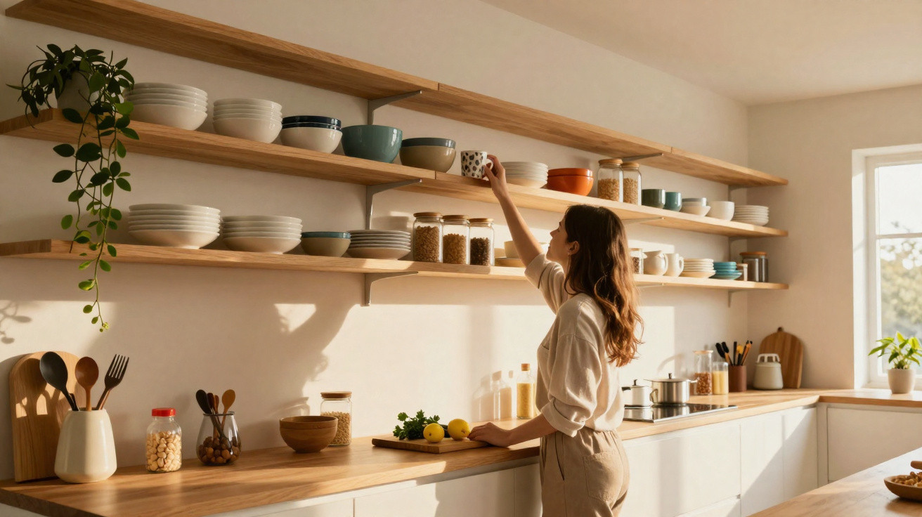 Woman reaching for a mug on open wooden shelves in a bright kitchen with plants and jars on the counter.