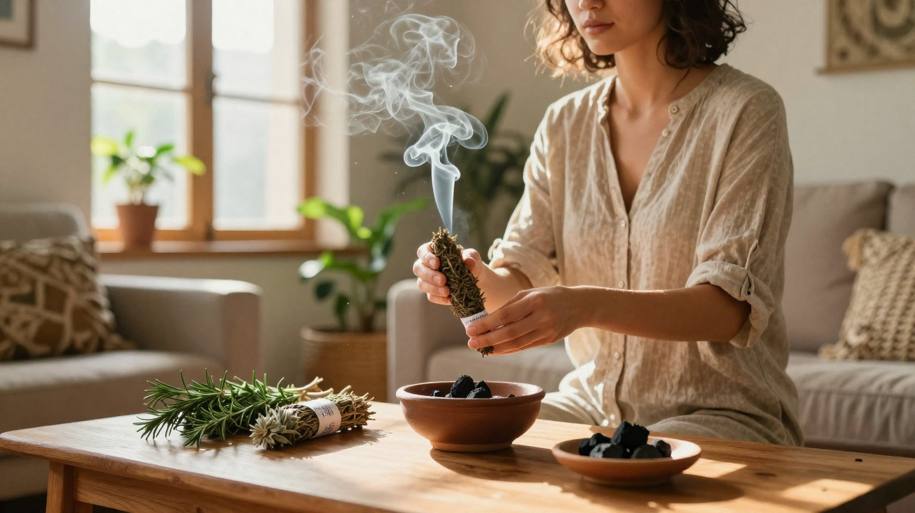 Woman holding a smoking sage bundle for smudging in a cosy living room with plants and wooden furniture.