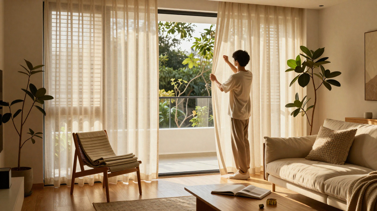 Person opening beige curtains in a sunlit living room with plants, wooden furniture, and an open book on the table.
