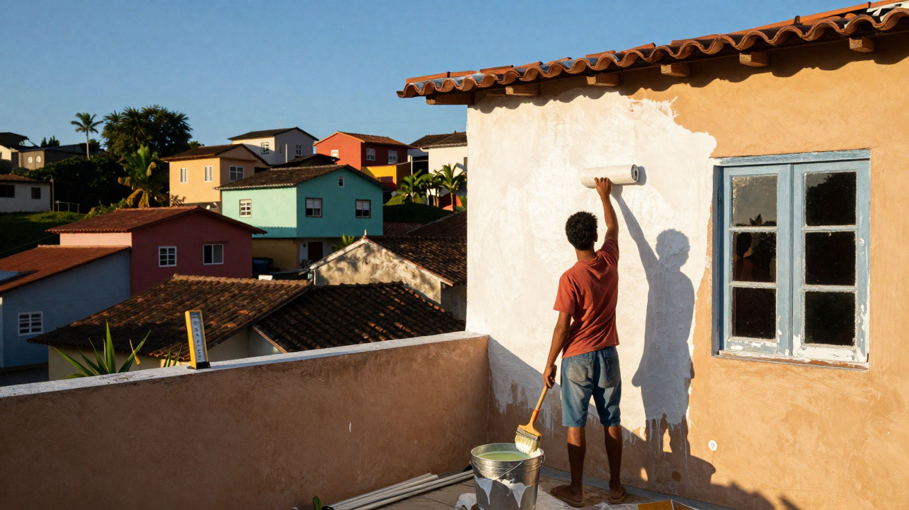 Person painting an exterior house wall white on a sunny day with colourful houses in the background.