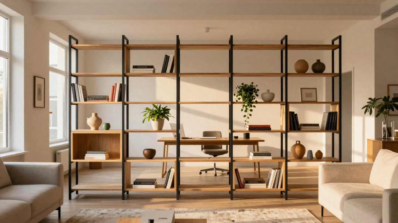Modern office with wooden bookshelf, desk, chair, plants, and two beige sofas in natural light