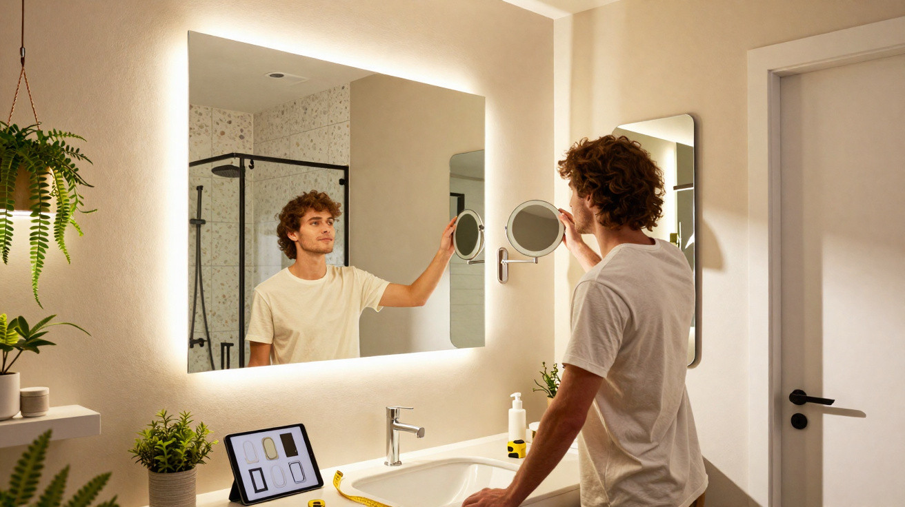 Young man adjusting a wall-mounted magnifying mirror in a modern bathroom with illuminated mirror and plants.