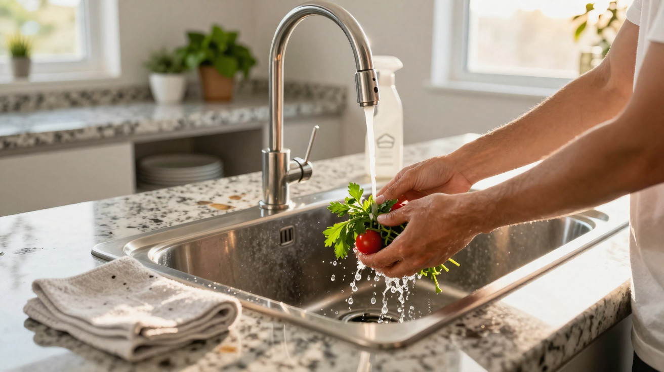 Person rinsing fresh parsley and cherry tomatoes under running water in a bright kitchen sink.