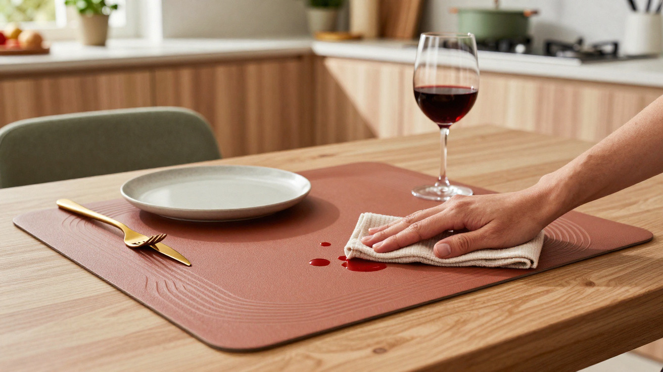 Hand wiping red wine spill from brown placemat on wooden dining table with empty plate and gold cutlery.