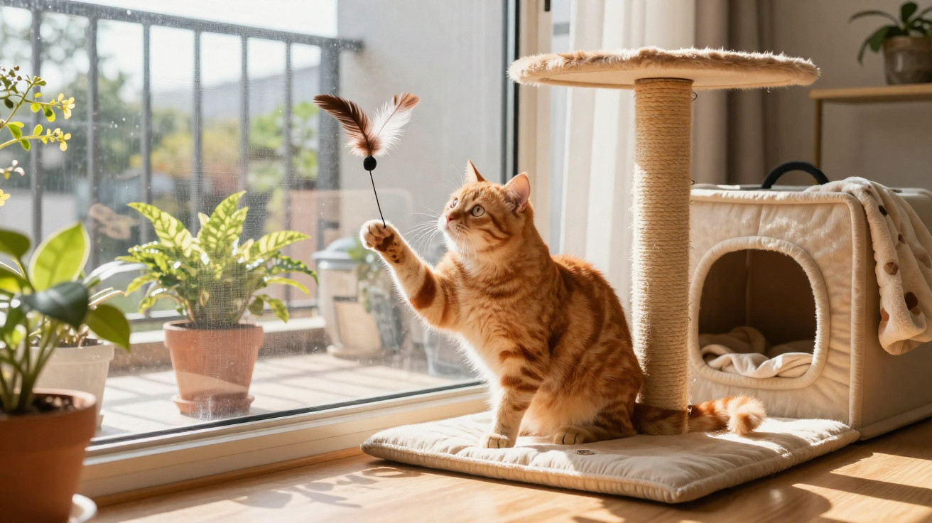 Ginger tabby cat playing with feather toy beside scratching post near sunlit window and potted plants.