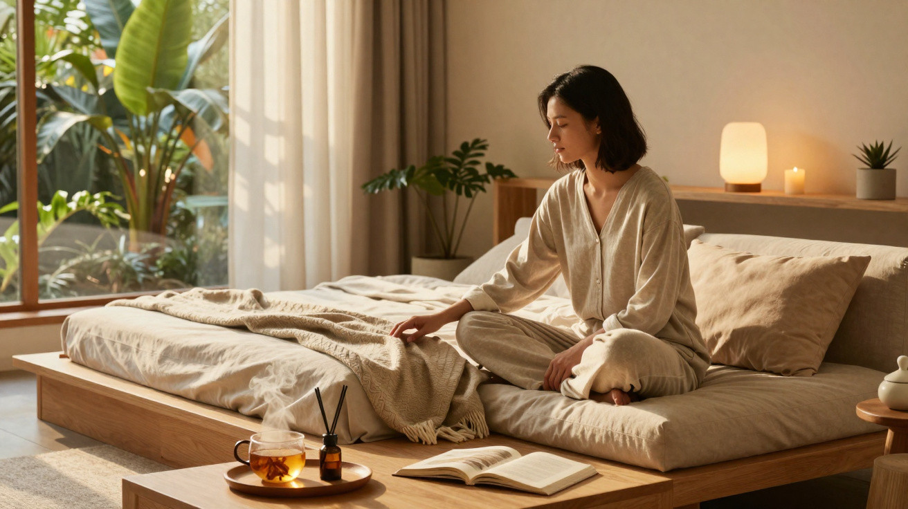 Woman in pajamas sitting on a bed in a sunlit room with a book, tea, and plants nearby.