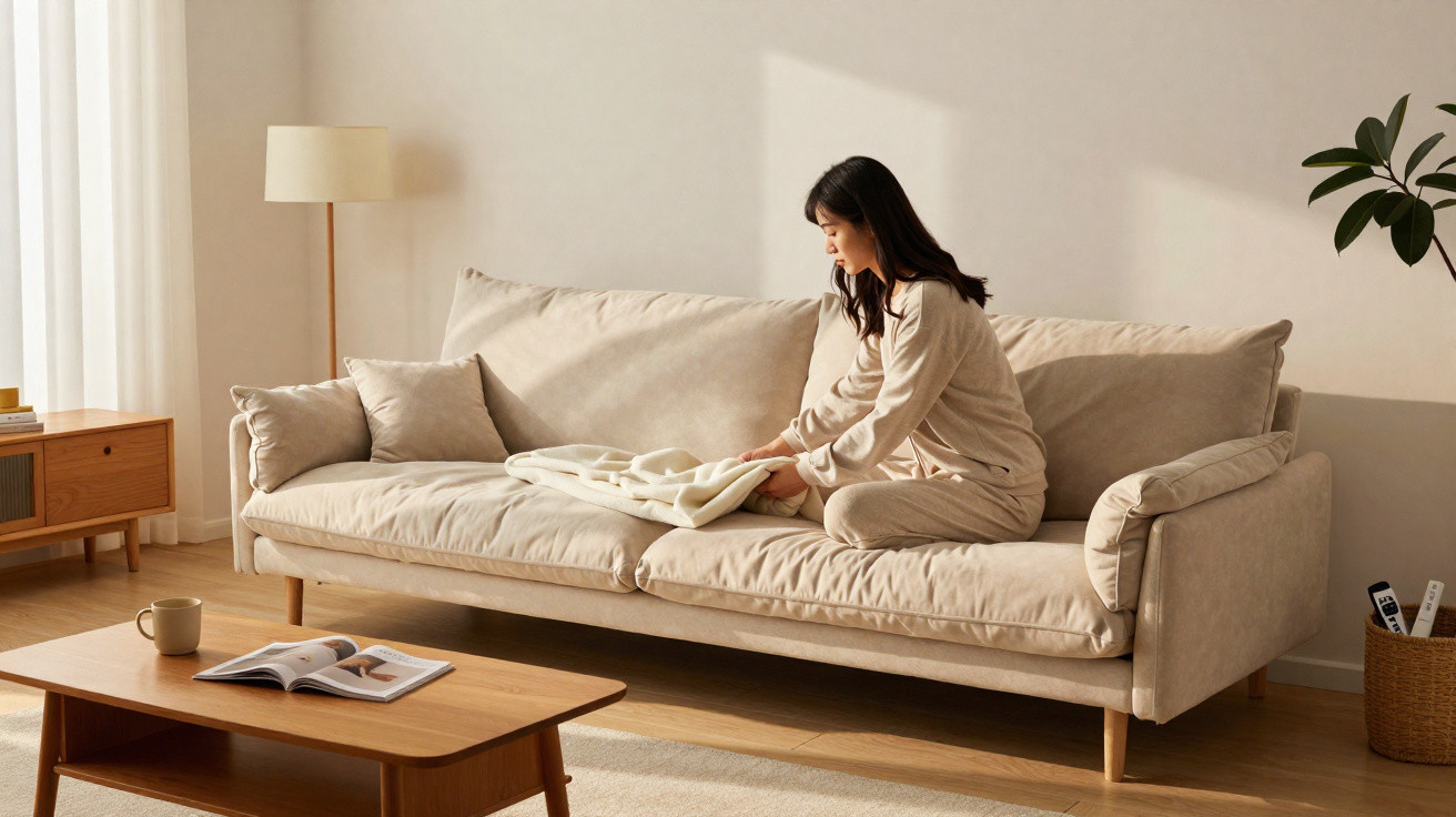 Woman folding a blanket while sitting on a beige sofa in a bright, minimalist living room.