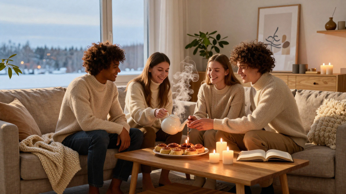 Four friends in sweaters gather around a table with candles and pastries, pouring hot tea in a cosy living room.