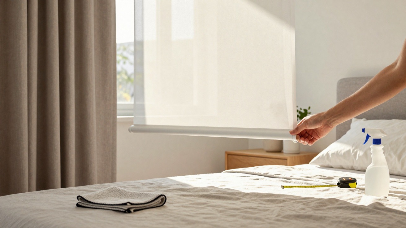 Person adjusting a white roller blind in a bright bedroom with beige curtains and a tidy bed.