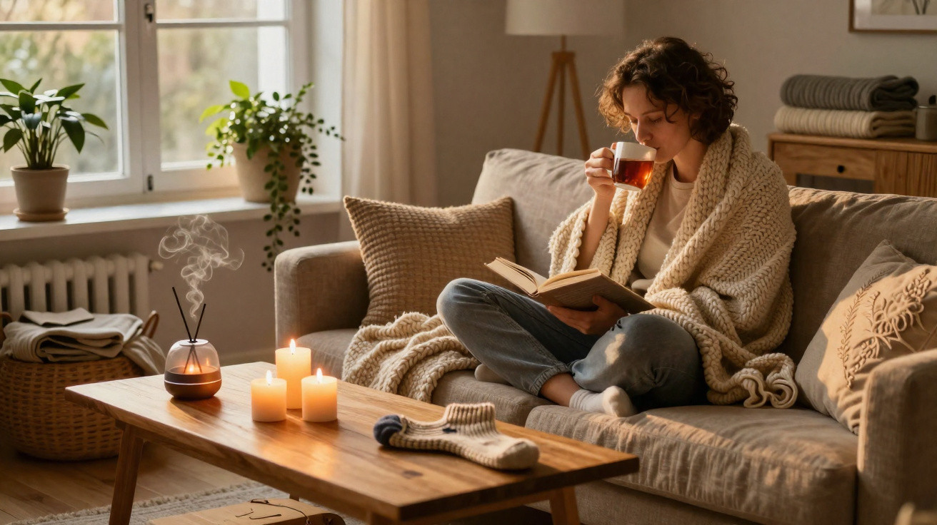 Woman wrapped in a blanket sipping tea and reading a book on a cosy sofa next to candles and plants.