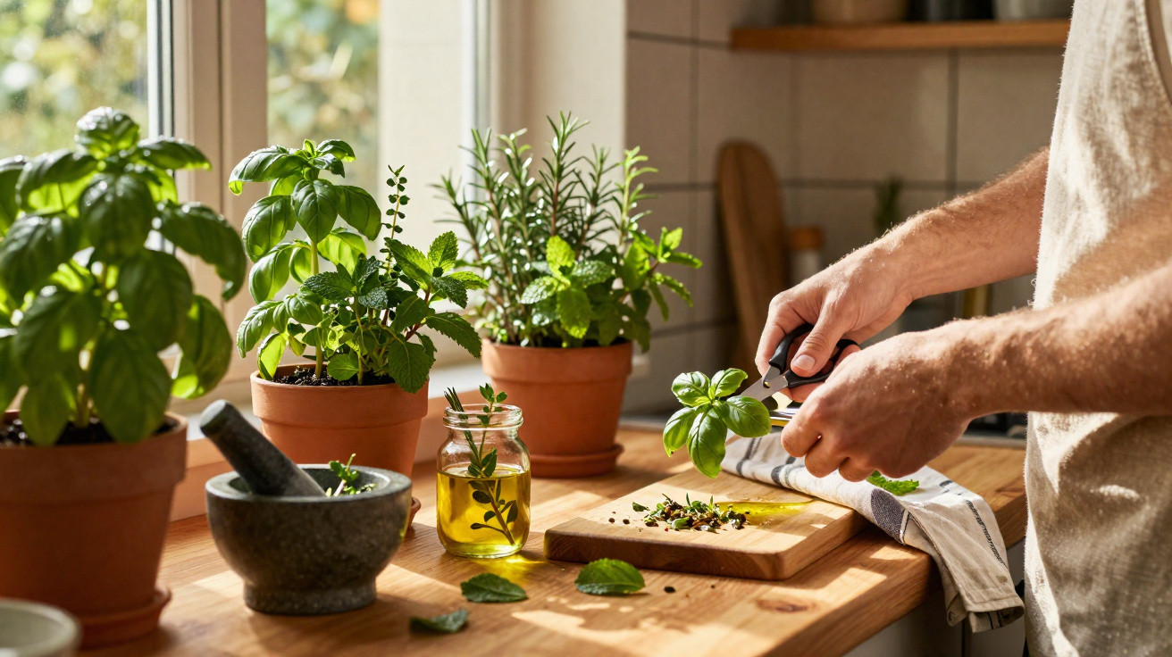 Hands cutting fresh basil leaves on a wooden board with potted herbs and olive oil jar on a sunny kitchen windowsill.