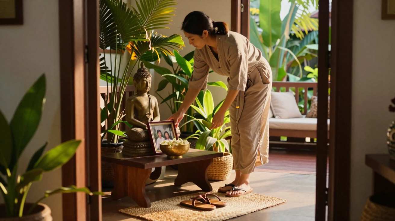 Woman placing a framed photo on a wooden table near a Buddha statue in a sunlit, plant-filled room.