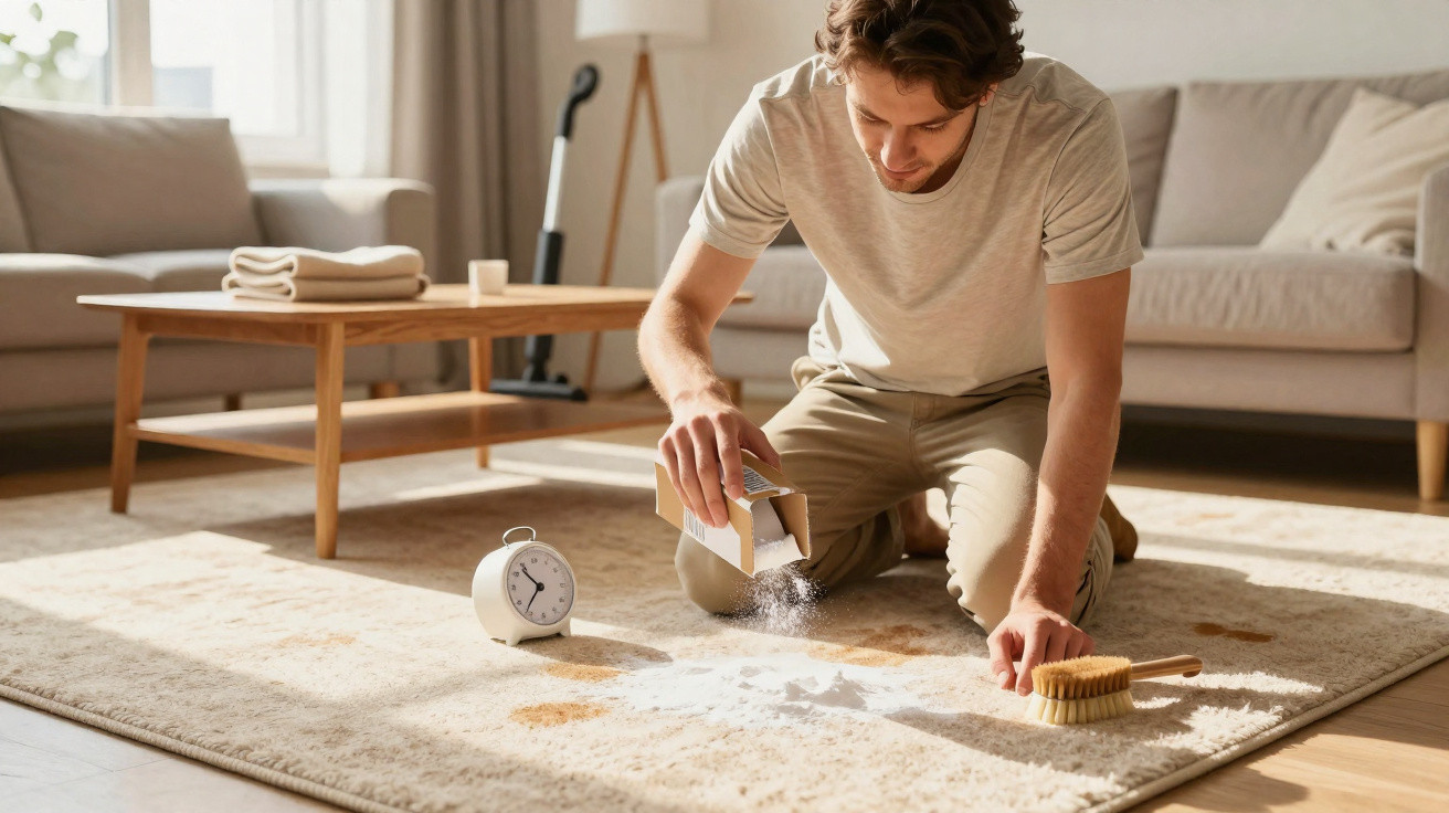 Man sprinkling powder on a stained carpet while kneeling in a sunlit living room.