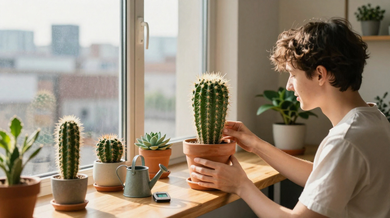 Person tending to a tall cactus on a wooden windowsill with various potted plants and a watering can.