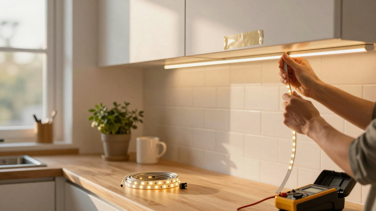 Person installing LED strip lights under kitchen cabinets with tools on wooden countertop.