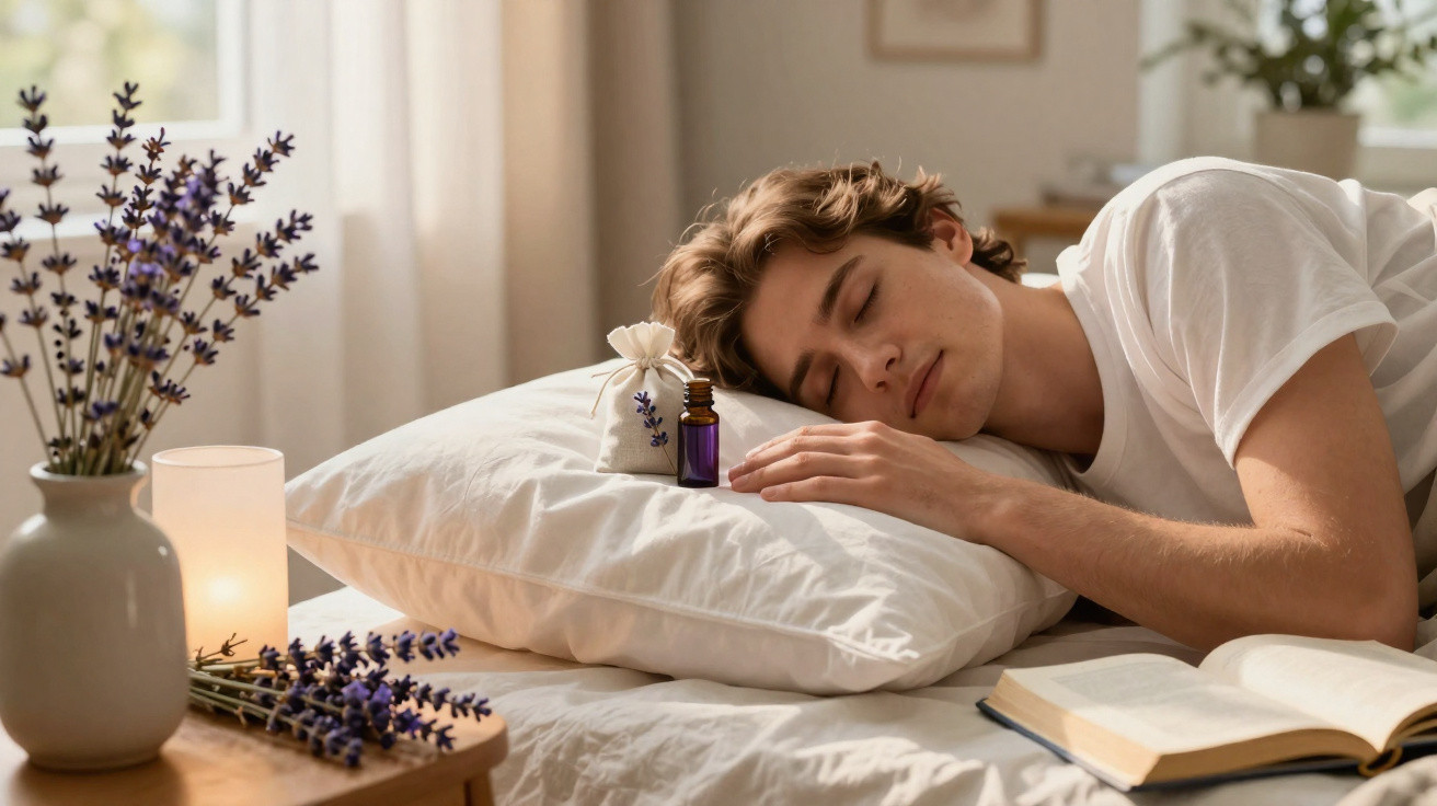 Young man sleeping peacefully on a pillow with lavender and essential oil bottle nearby beside an open book.