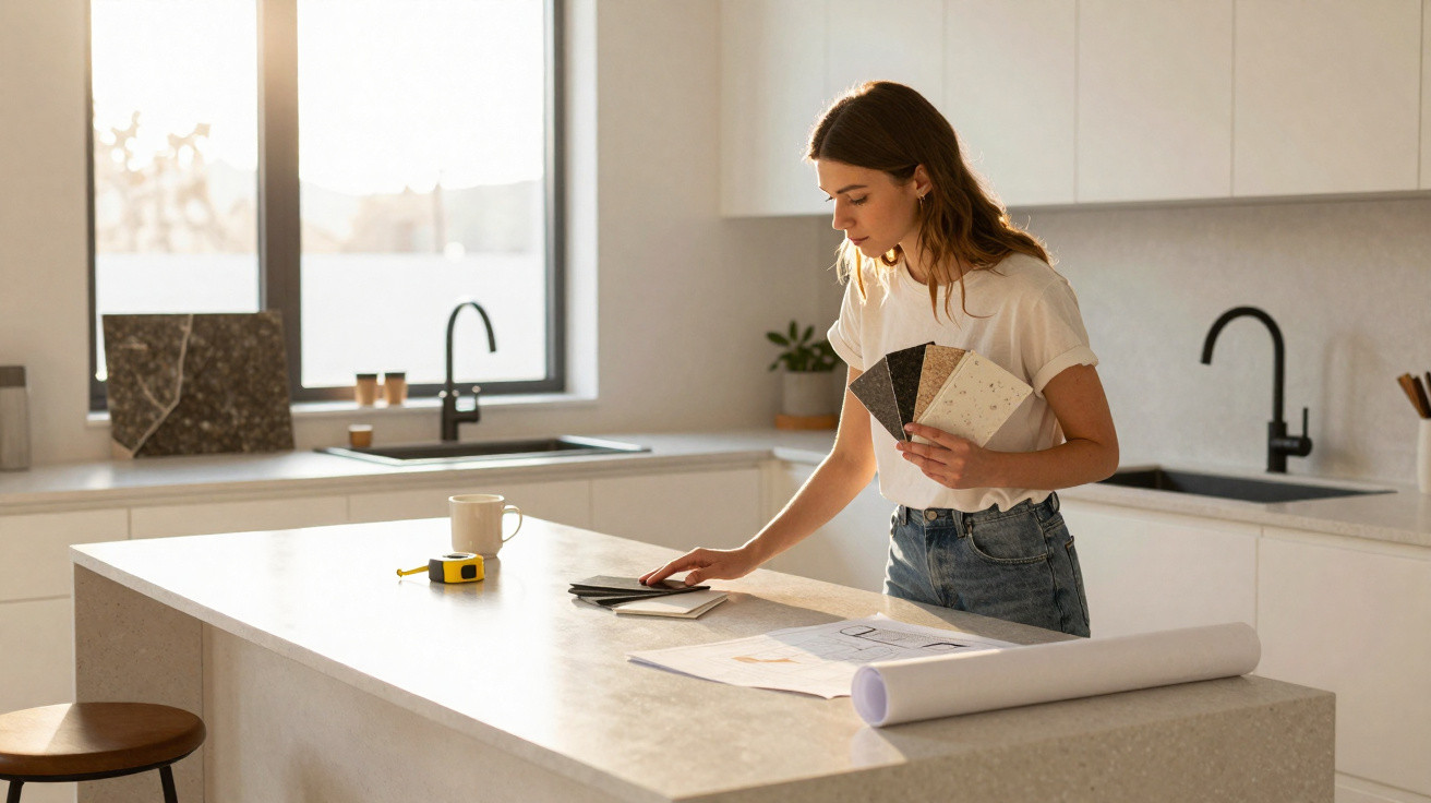 Woman choosing kitchen countertop samples in a modern kitchen showroom with design plans on the island table.