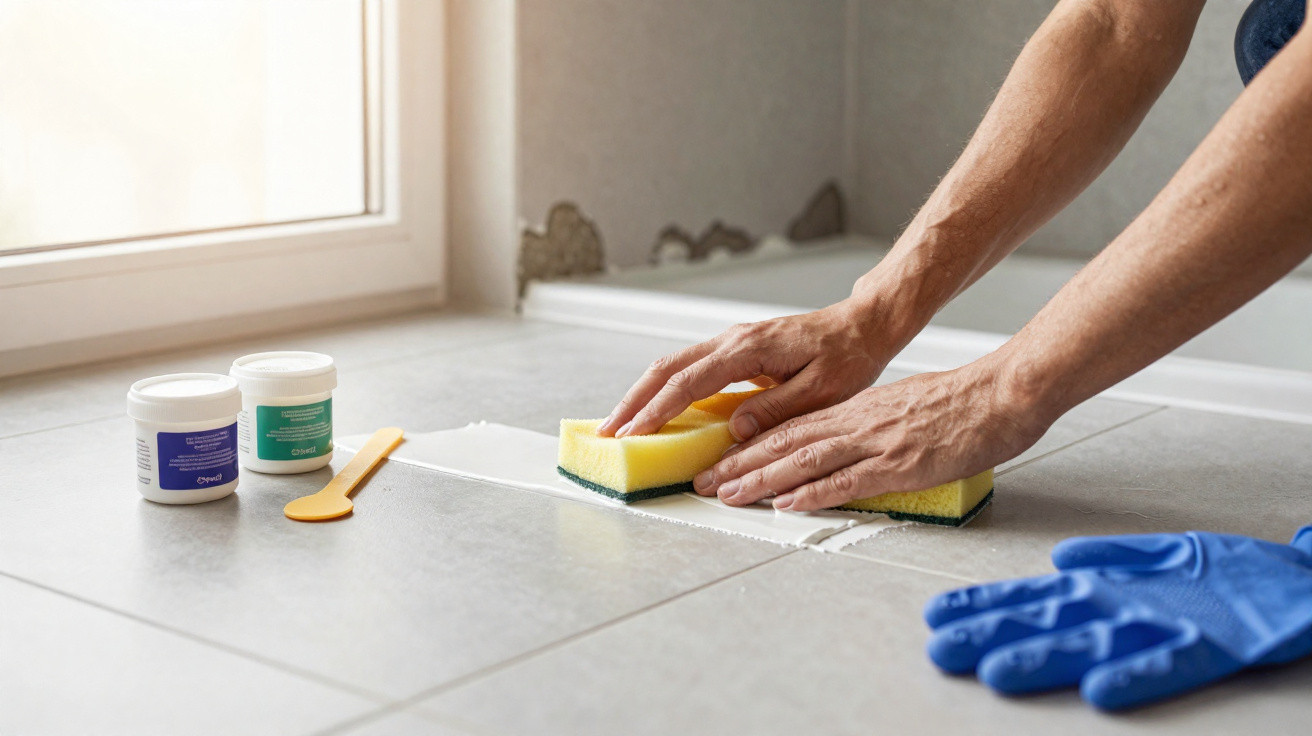 Person applying grout on floor tiles with a yellow sponge and repair tools nearby by a window.