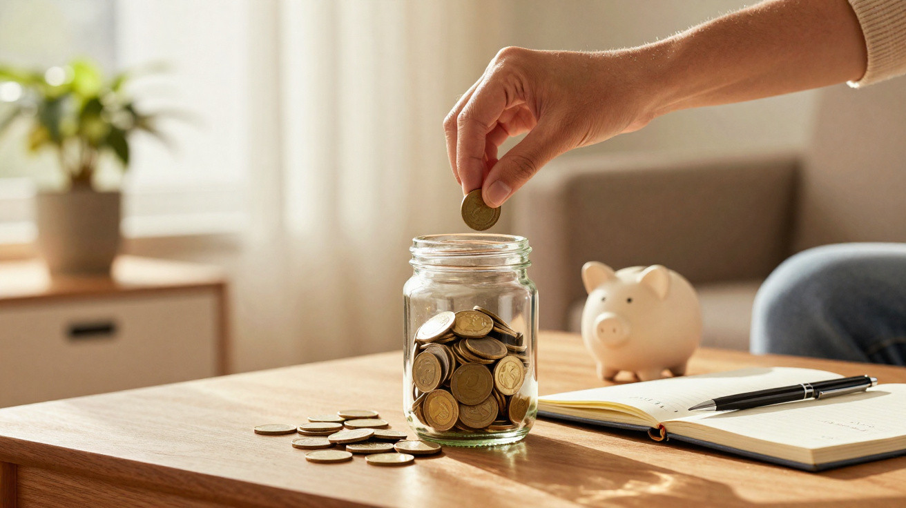 Hand placing a coin into a glass jar full of coins on a wooden table with piggy bank and notebook nearby.