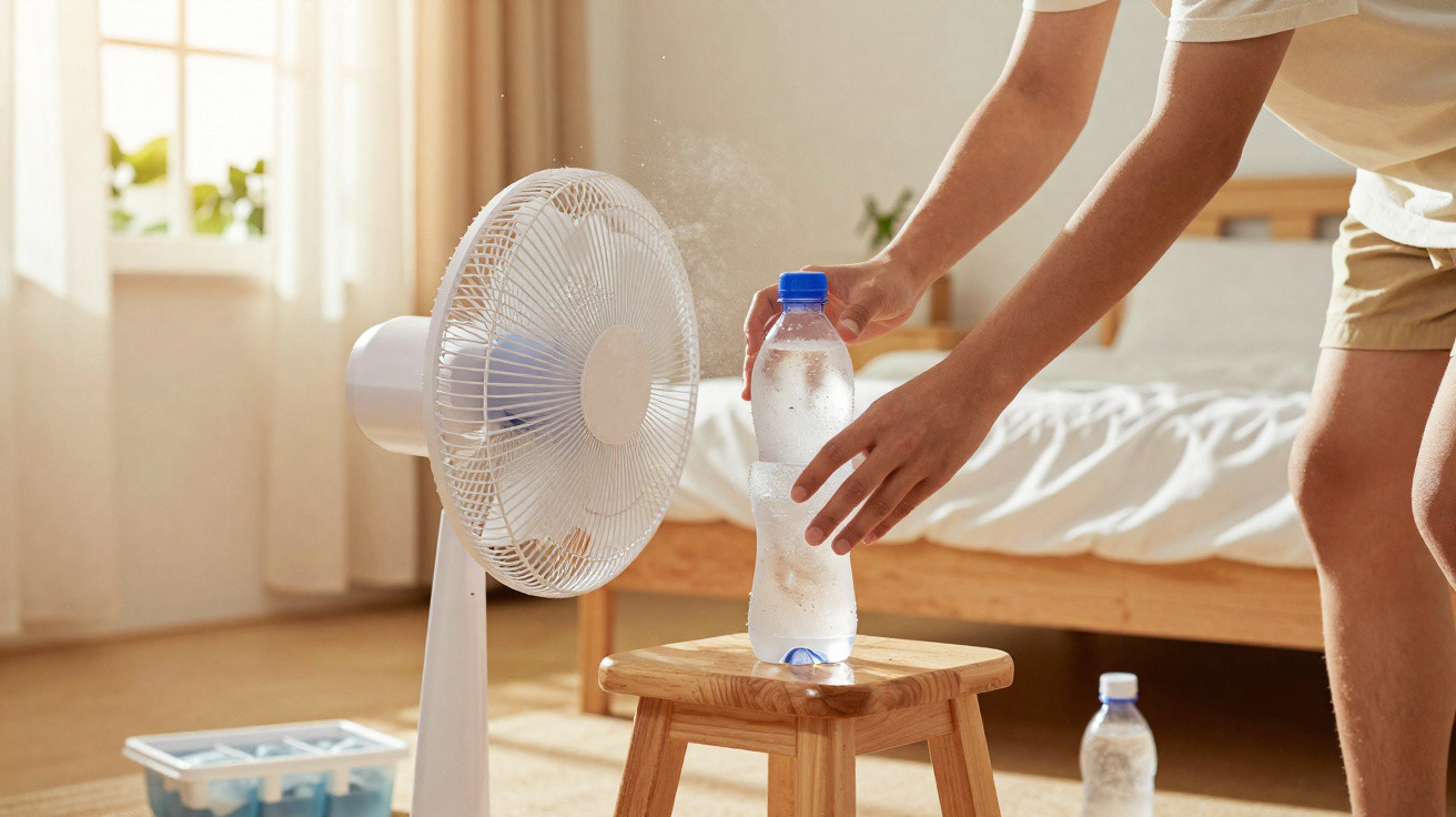 Person placing a chilled water bottle on a wooden stool facing an oscillating fan in a sunlit bedroom.