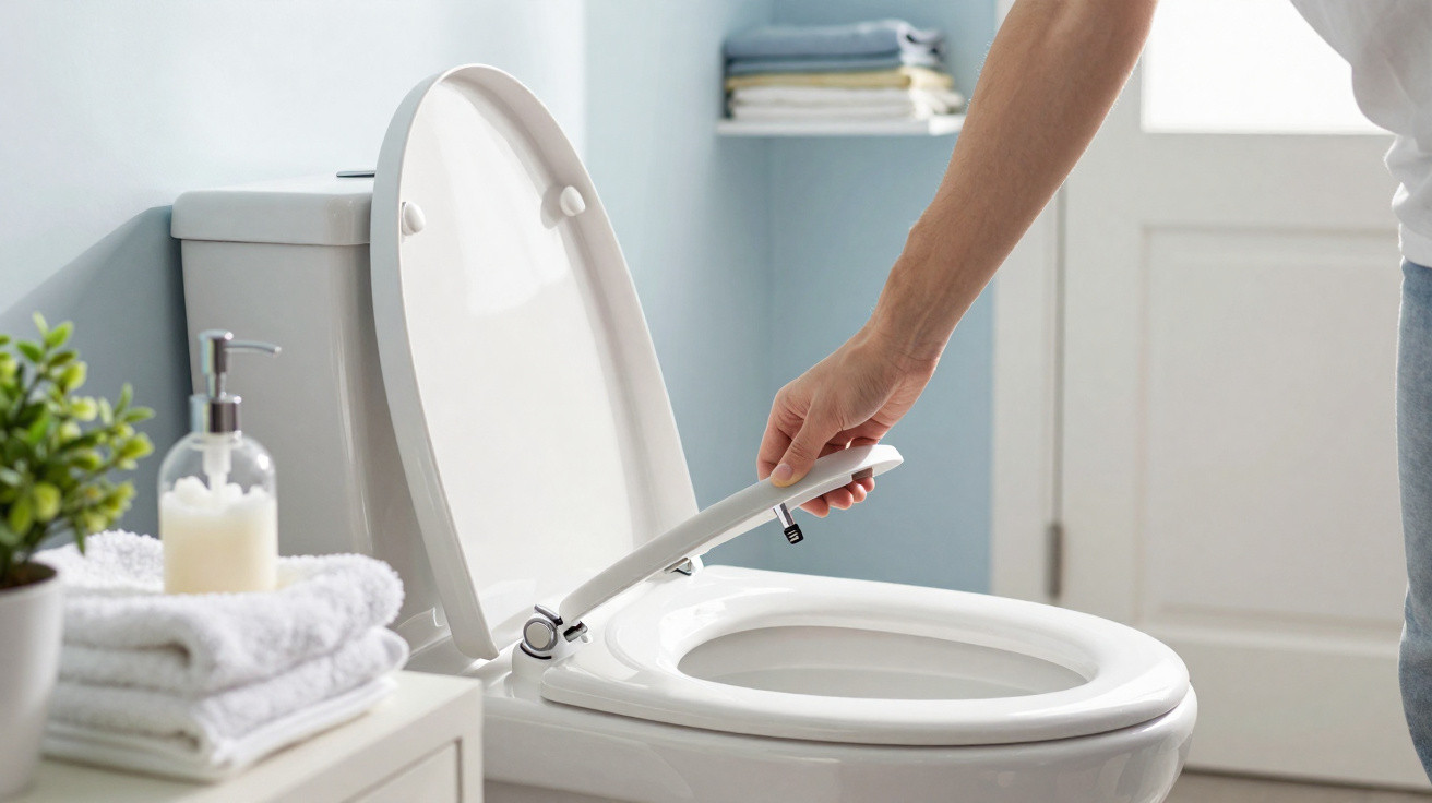 Person lifting the lid of a clean white toilet in a bright, organised bathroom with towels and a plant nearby.