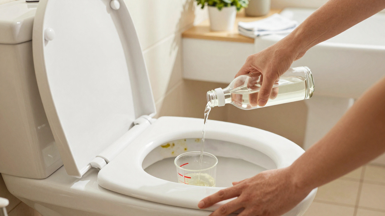 Person pouring liquid from a clear bottle into a measuring cup placed inside a toilet bowl with the seat raised.