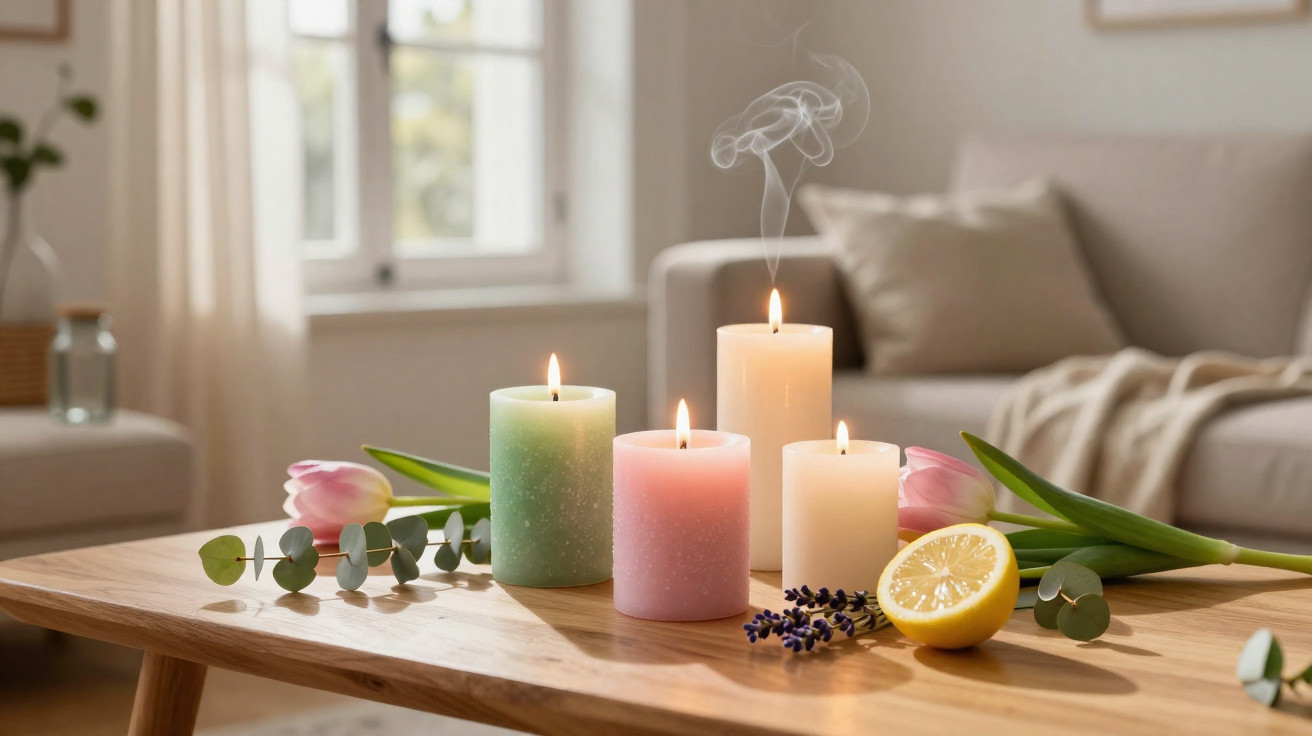 Four pastel-coloured candles, two lit on a wooden table with flowers and lemon slices in a cosy living room.
