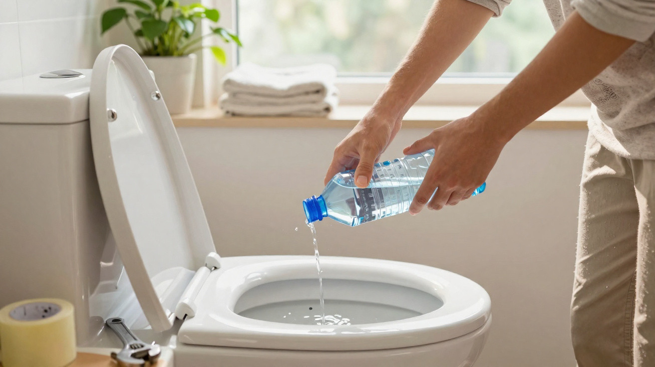 Person pouring water from a plastic bottle into an open toilet bowl in a bright bathroom.
