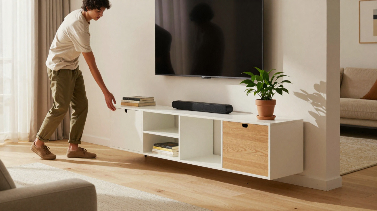 Person adjusting a modern white and wood wall-mounted TV unit with books and a potted plant in a living room.