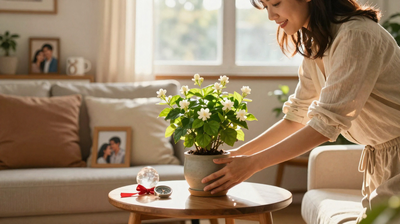 Woman placing a potted plant with white flowers on a wooden table in a sunlit living room.