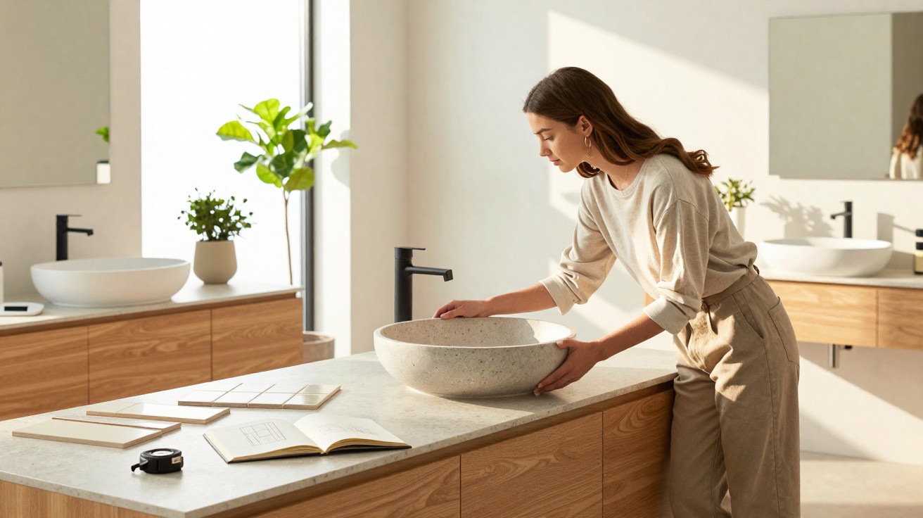 Woman fixing a stone sink basin on a wooden bathroom countertop with plants and a mirror in the background.