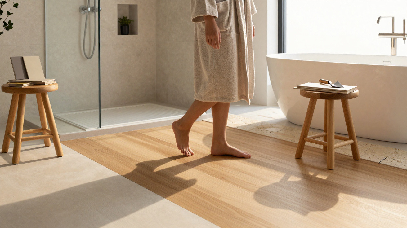 Person in bathrobe walking barefoot on wooden floor in modern bathroom with stools and bathtub.