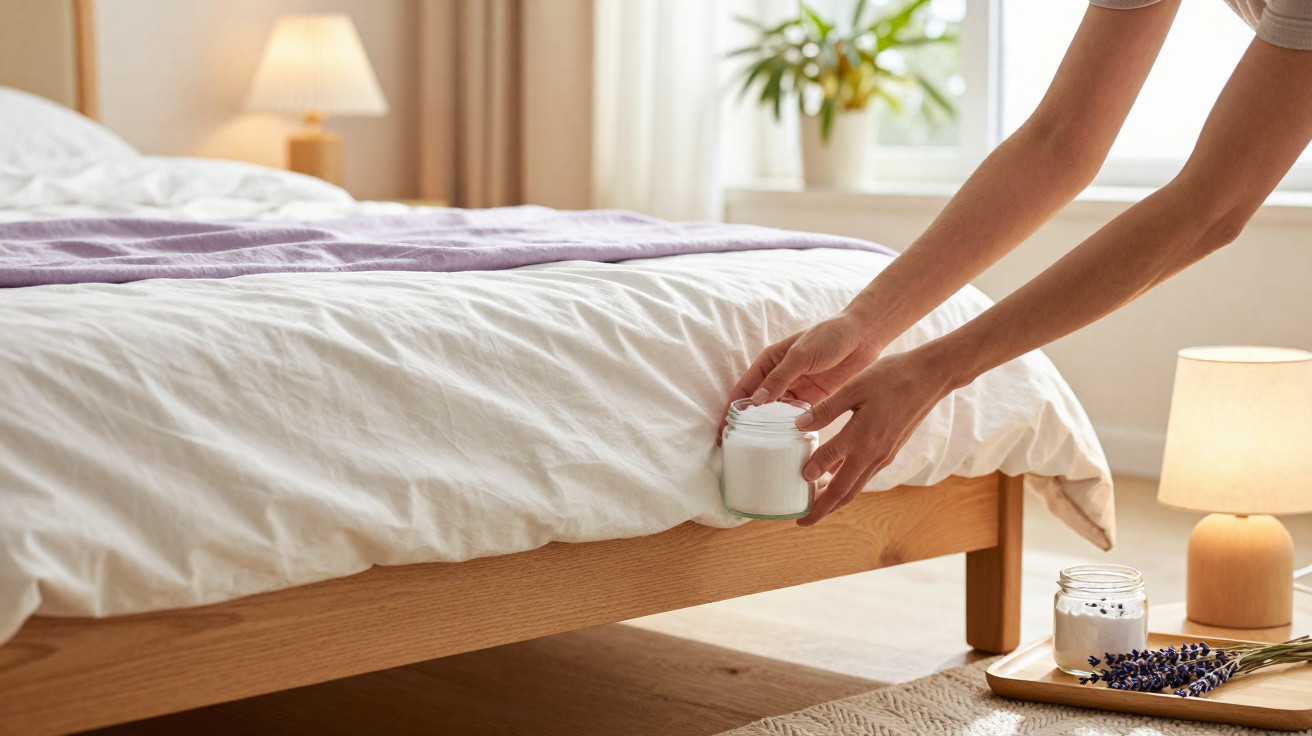 Person placing a small jar under a wooden bed frame in a softly lit bedroom.