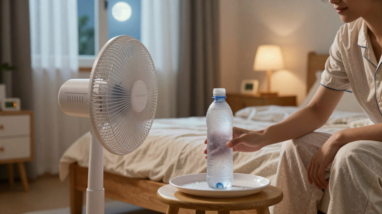 Person sitting on a bed reaching for a chilled water bottle beside a fan in a softly lit bedroom at night.