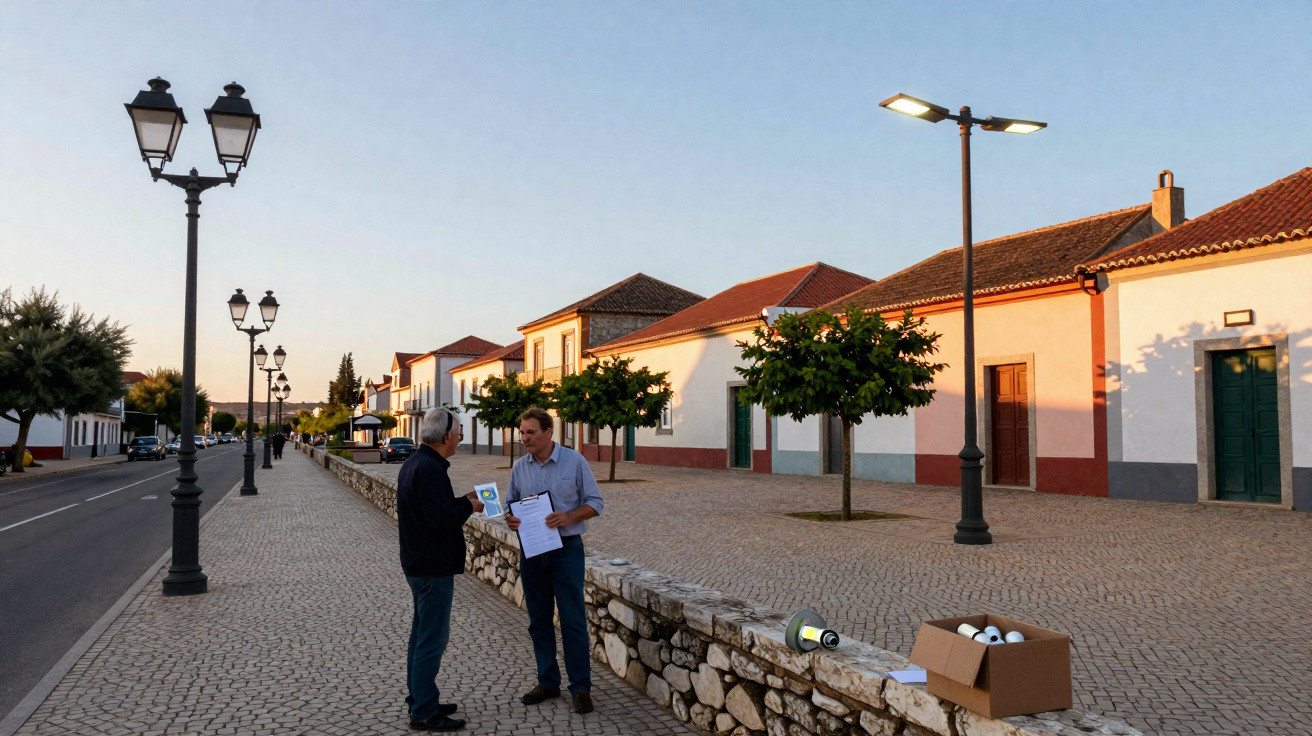 Two men talking on a cobblestone street with traditional houses and lampposts at sunset.