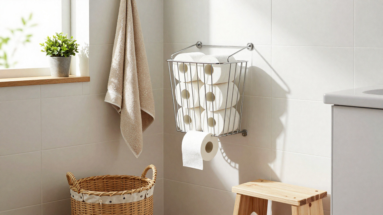Metal wall-mounted basket holding several toilet rolls in a bright, tidy bathroom with a woven basket and wooden stool