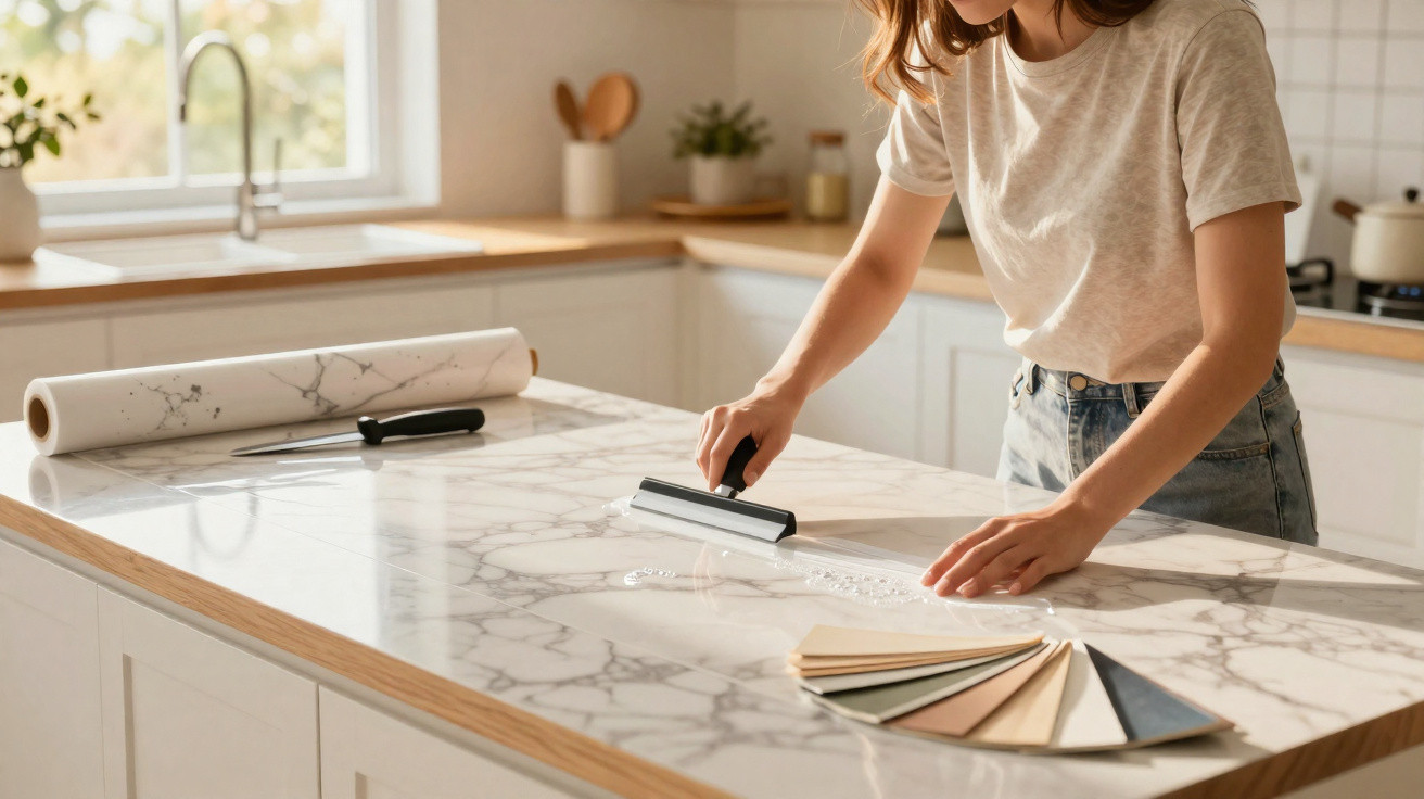 Person cleaning a marble kitchen island with a squeegee and colour swatches on the countertop.
