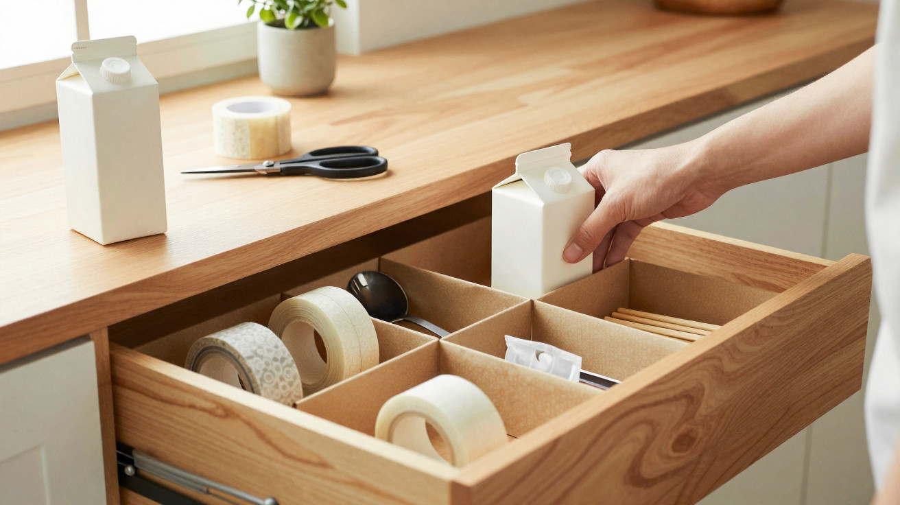 Hand placing a small white carton into a wooden drawer organiser with tapes, scissors, and other items.