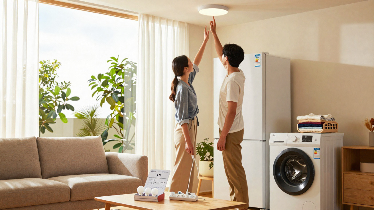 Couple reaching up to touch a ceiling light in a bright living room with sofa, fridge, and washing machine.